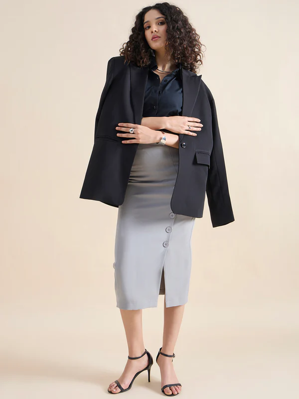 SK151_6.webp Straight Fit Stretch Longline Button Detail Grey Skirt - Image 1