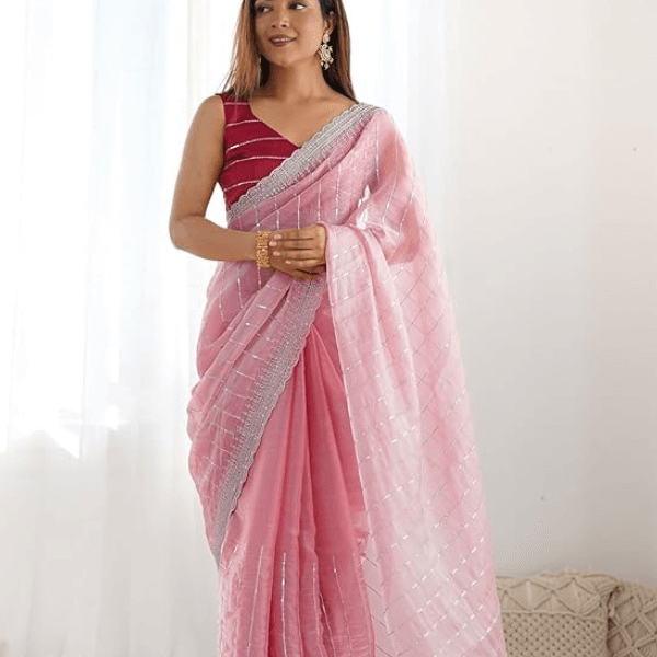 Women's Shimmer Chiffon Sequence Embroidery Saree