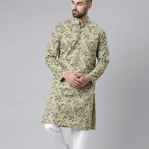 Majestic Man Men Cotton Mandarin Collar Ethnic Motifs Printed Long Regular Kurta